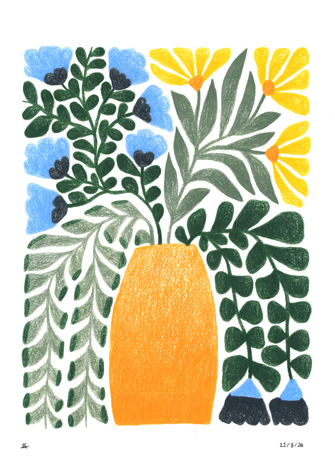 "Blue and Yellow Blooms", pencil on paper, 29.7cm by 42cm, 22/3/26