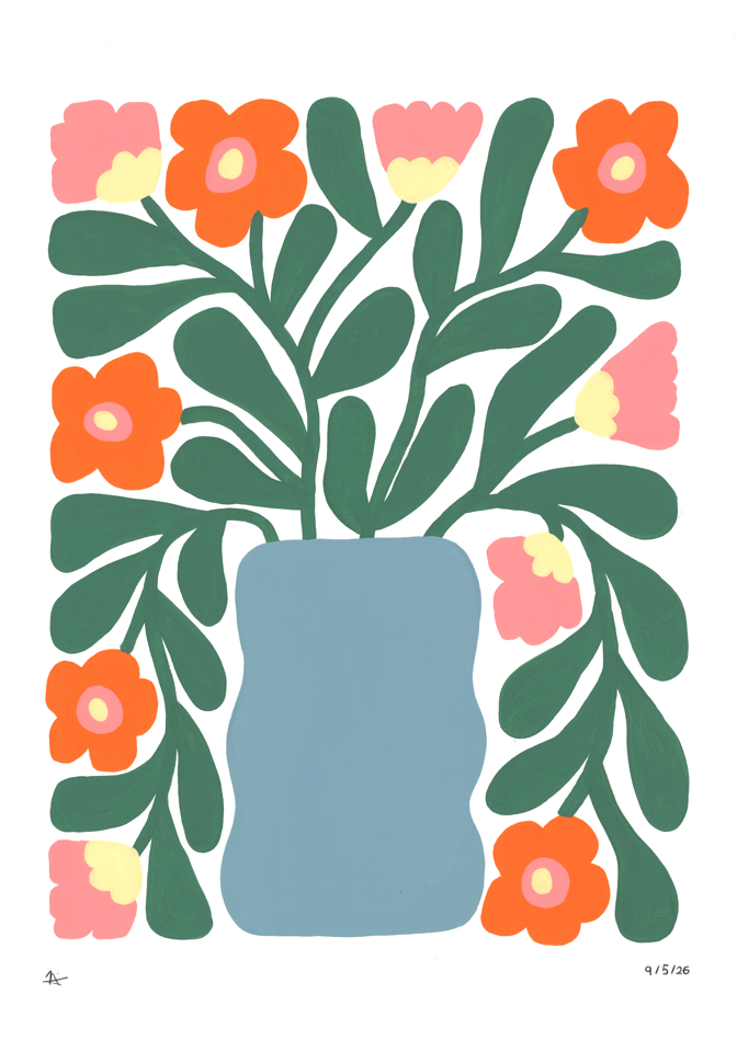 "Pink and Orange Poppies", paint on acrylic paper, 29.7cm by 42cm, 9/5/26